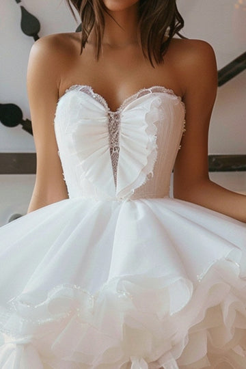 Strapless Ruffled A Line White Homecoming Dress